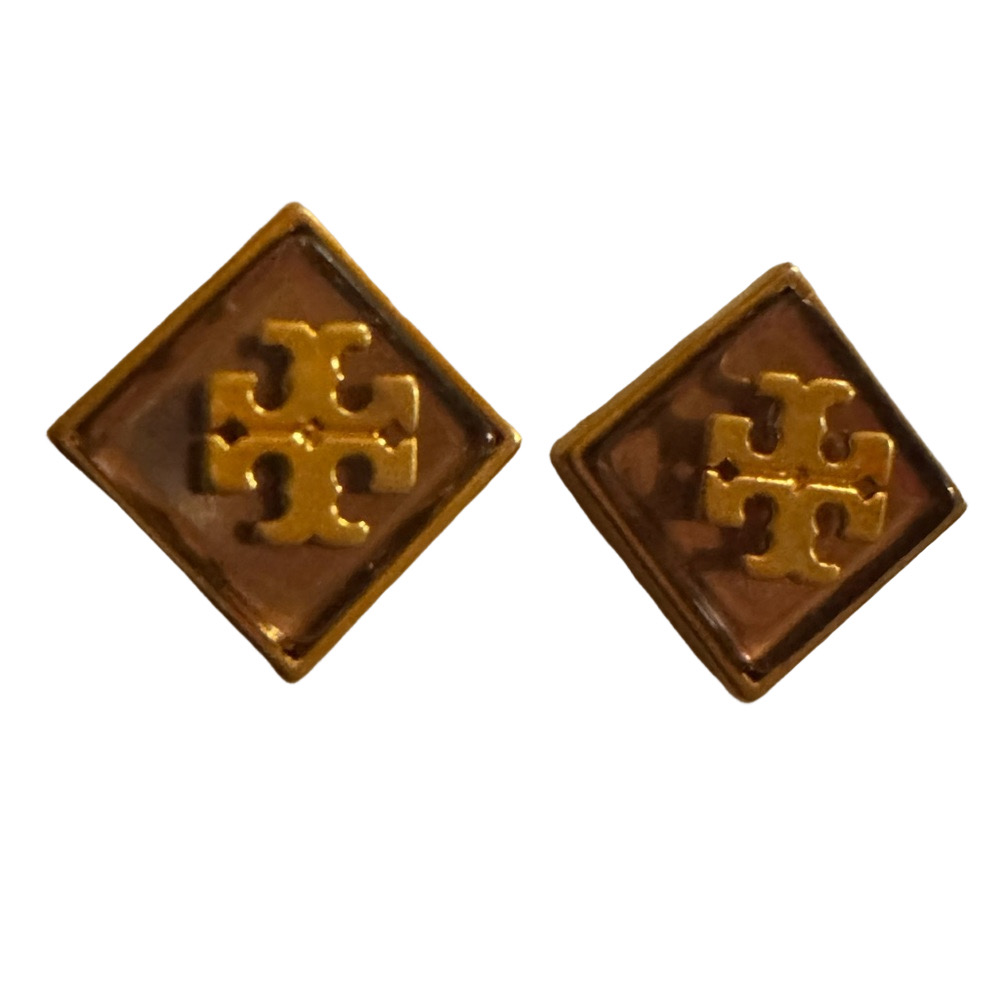 Tory Burch New Gold-Tone Logo Purple Resin Stud Earrings